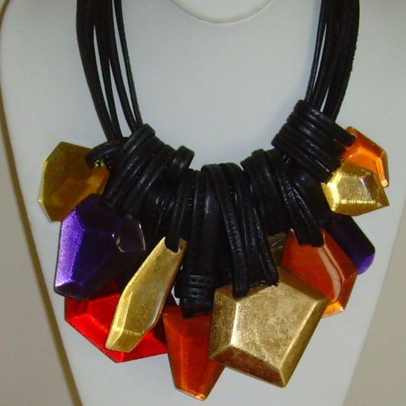 MONIES Leather and Multi-Colored Lucite Stone Statement Necklace - Picture 9 of 16